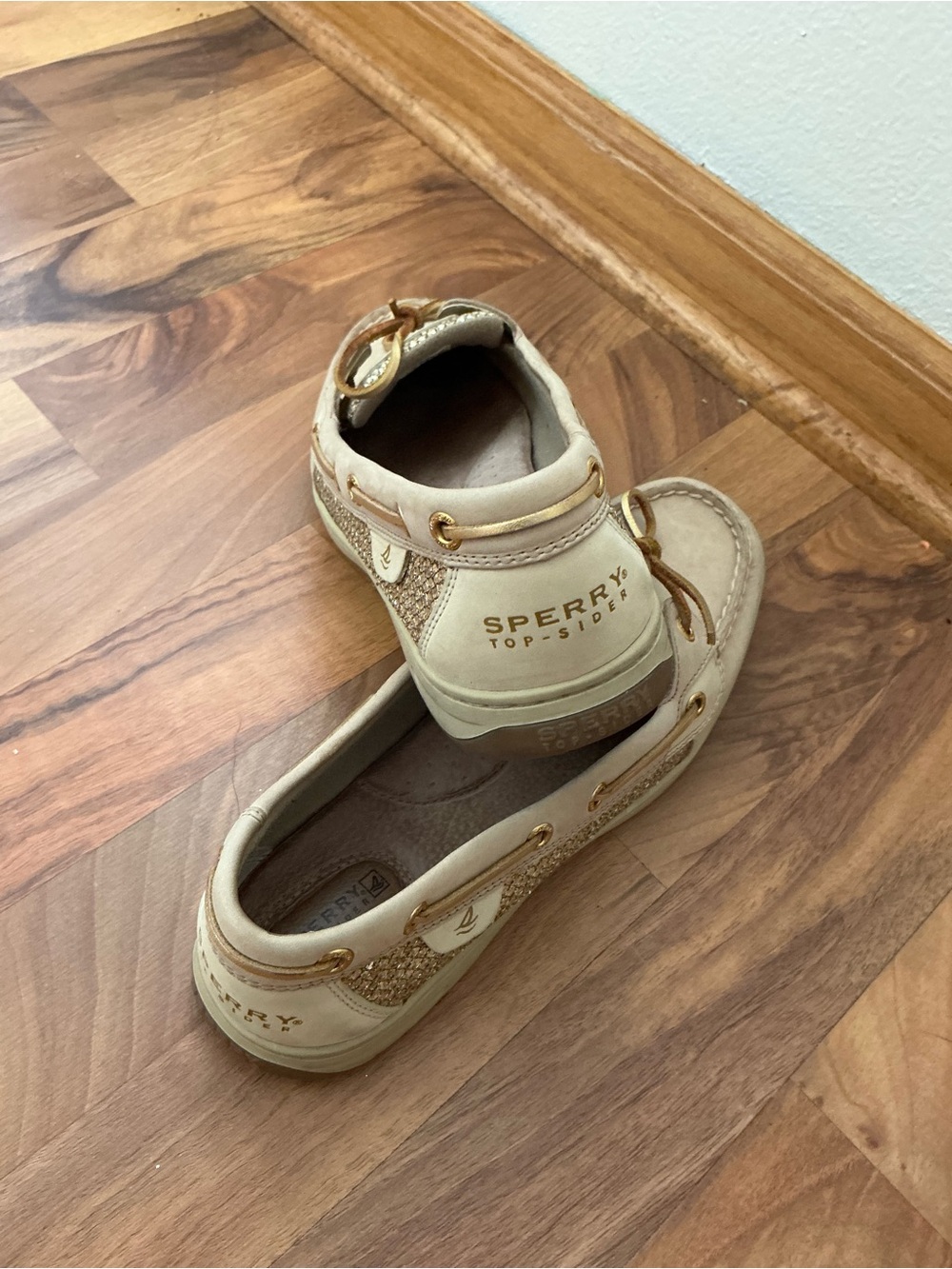Sperry Women's Light Beige Boat Moccasins with Gold Accents